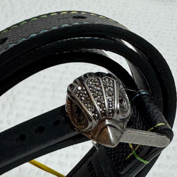 Black Leather Belt with Silver Ornate Buckle and Multicolor Stitching - Picture 2 of 4